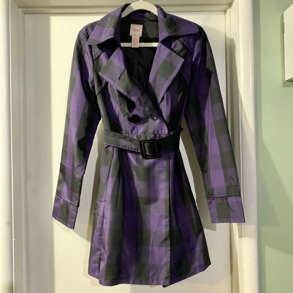 Candies Jacket Double Breasted Black And Purple Checkered Belted Coat Size XL - Picture 2 of 15